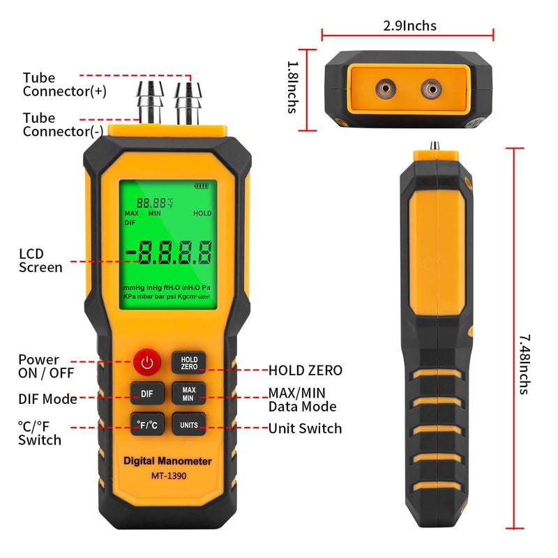 YZTMETER 5/16 Inches Diameter Pressure Port Digital Manometer, YZT Meter Dual Port Air Pressure Meter Pressure Gauge HVAC Gas Tester, Differential Pressure Manometer - Image 5